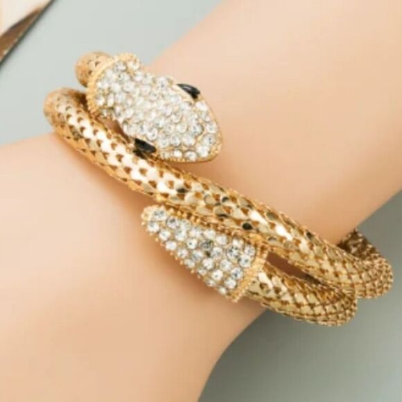Snake Wrap around Gold Bracelet with Rhinestones - Picture 1 of 2